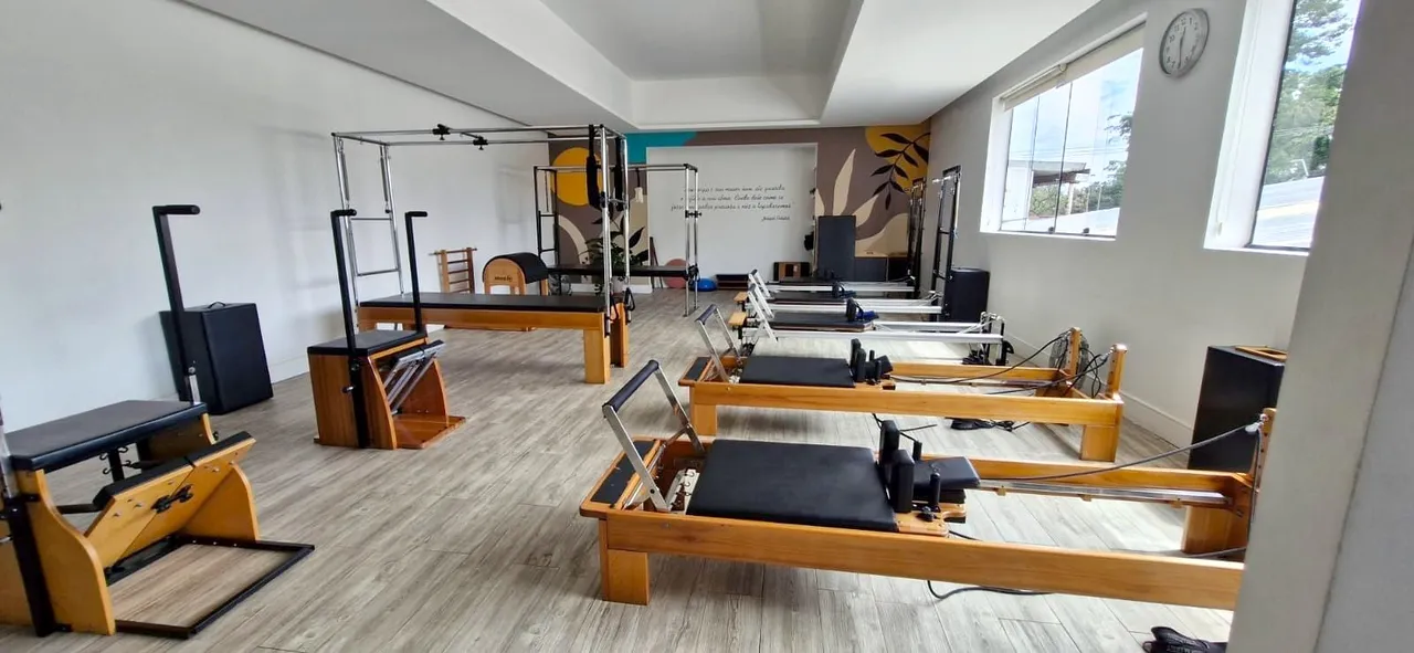Reformers de madeira enfileirados ao lado das janelas do estúdio de pilates