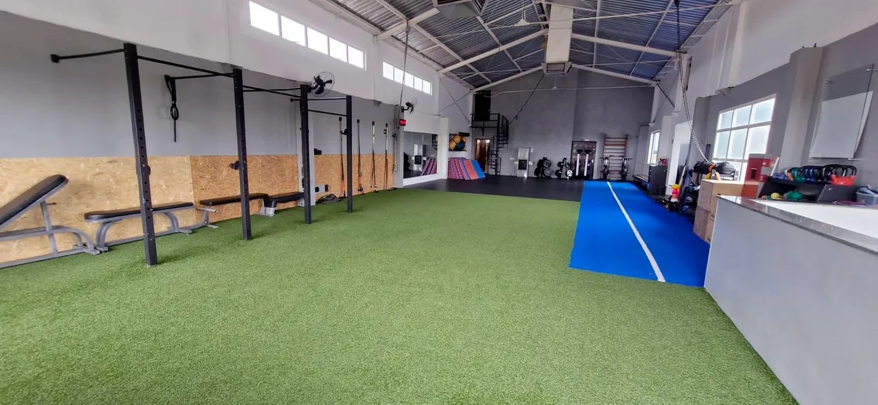 Sala de funcional com grama sintética, pista azul, racks, bancos e kettlebells